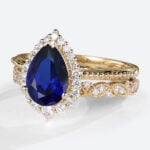 Yellow Gold Pear Shaped Lab Grown Sapphire Rings Vintage Halo Bridal Ring Set