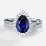 White Gold Pear Shaped Lab Grown Sapphire Rings Vintage Halo Bridal Ring Set