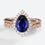 Rose Gold Pear Shaped Lab Grown Sapphire Rings Vintage Halo Bridal Ring Set