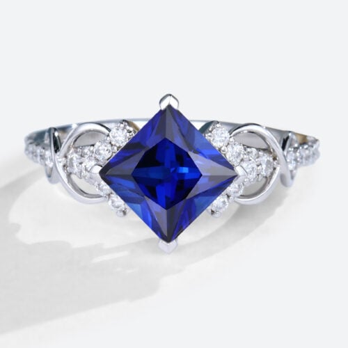Lab Made Sapphire Infitiny White Gold Princess Cut Engagement Rings