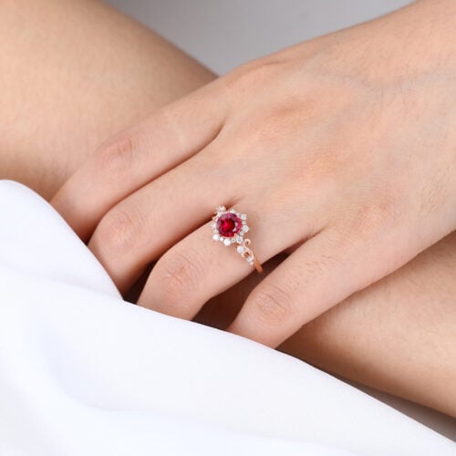 Lab Grown Ruby​ Engagement Rings Halo Romantic Elegance Bridal Ring