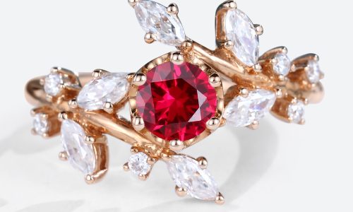 Rose Gold Round Cut Lab Grown Ruby Ring Nature Inspired Petite Bridal Ring