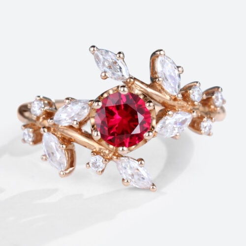 Rose Gold Round Cut Lab Grown Ruby Ring Nature Inspired Petite Bridal Ring