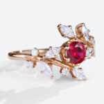 Rose Gold Round Cut Lab Grown Ruby Ring Nature Inspired Petite Bridal Ring