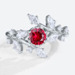 White Gold Round Cut Lab Grown Ruby Ring Nature Inspired Petite Bridal Ring