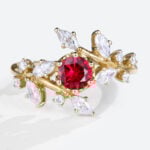 Yellow Gold Round Cut Lab Grown Ruby Ring Nature Inspired Petite Bridal Ring