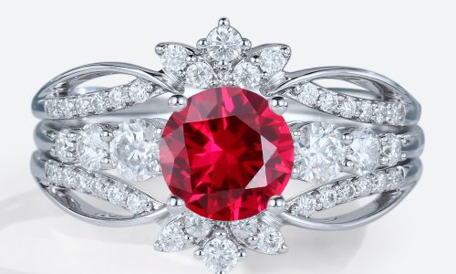 Lab Ruby Unique Bridal Ring Sets with Elegance Enhancer Band in white gold
