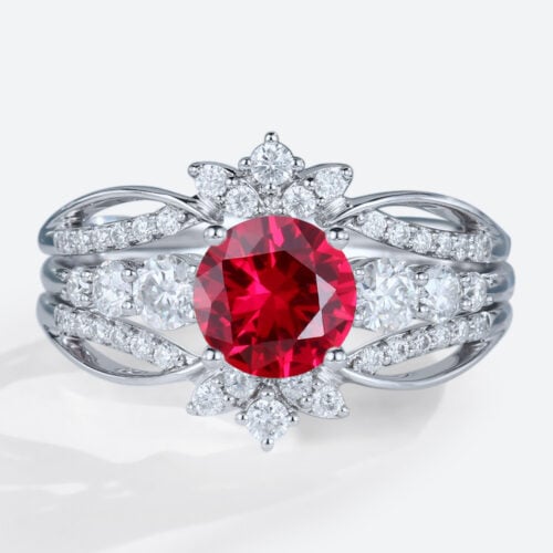 Lab Ruby Unique Bridal Ring Sets with Elegance Enhancer Band in white gold
