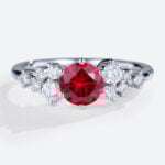 – lab ruby engagement ring with moissanite accents – round cut red ruby bridal ring – affordable lab created ruby ring for women