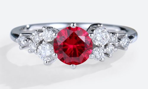 – lab ruby engagement ring with moissanite accents – round cut red ruby bridal ring – affordable lab created ruby ring for women