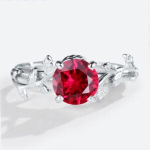 – round cut ruby engagement ring with leaf details – lab created ruby solitaire bridal ring – nature inspired red gemstone ring for her