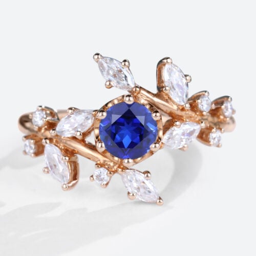 Round Cut Lab Grown Sapphire Ring Nature Inspired Dainty Bridal Ring