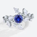 White Gold Round Cut Lab Grown Sapphire Ring Nature Inspired Dainty Bridal Ring