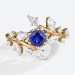 Yellow Gold Round Cut Lab Grown Sapphire Ring Nature Inspired Dainty Bridal Ring