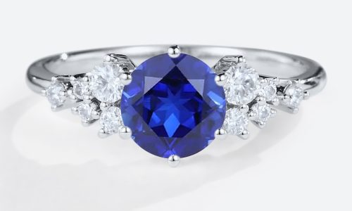 Sapphire Engagement Ring 1ct Cluster Round Cut Lab Sapphire Ring in White Gold