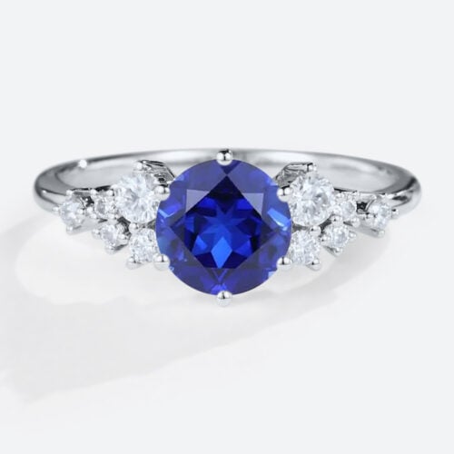 Sapphire Engagement Ring 1ct Cluster Round Cut Lab Sapphire Ring in White Gold