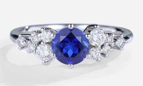 - round lab sapphire engagement ring - blue sapphire cluster bridal ring - affordable sapphire ring with moissanite accents