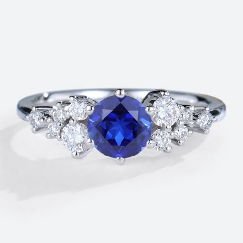 - round lab sapphire engagement ring - blue sapphire cluster bridal ring - affordable sapphire ring with moissanite accents