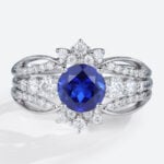 Lab Sapphire Ring with Vintage Enhancer Band Unique Wedding Ring Sets in white gold