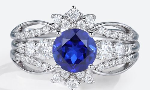Lab Sapphire Ring with Vintage Enhancer Band Unique Wedding Ring Sets in white gold