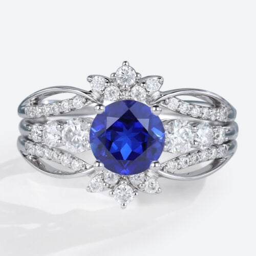 Lab Sapphire Ring with Vintage Enhancer Band Unique Wedding Ring Sets in white gold