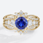 Lab Sapphire Ring with Vintage Enhancer Band Unique Wedding Ring Sets in yellow gold