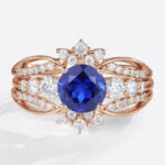 Lab Sapphire Ring with Vintage Enhancer Band Unique Wedding Ring Sets in rose gold