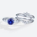 Lab Sapphire Ring with Vintage Enhancer Band Unique Wedding Ring Sets
