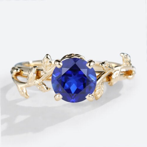 – lab sapphire solitaire engagement ring with vine band – round cut blue gemstone ring for engagement – affordable nature-inspired bridal sapphire ring
