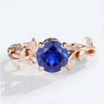 – lab sapphire solitaire engagement ring with vine band – round cut blue gemstone ring for engagement – affordable nature-inspired bridal sapphire ring