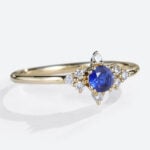 Round Cut Lab Created Blue Sapphire Rings Symmetrical Design Bridal Ring in Yellow Gold