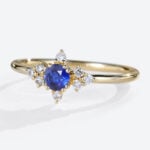 Round Cut Lab Created Blue Sapphire Rings Symmetrical Design Bridal Ring in Yellow Gold