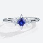 Round Cut Lab Created Blue Sapphire Rings Symmetrical Design Bridal Ring in White Gold