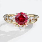 Lab Grown Ruby Round Unique Engagement Rings Set Art Deco Ring in Yellow Gold