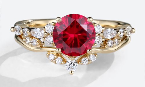 Lab Grown Ruby Round Unique Engagement Rings Set Art Deco Ring in Yellow Gold