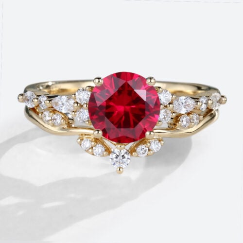 Lab Grown Ruby Round Unique Engagement Rings Set Art Deco Ring in Yellow Gold