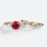 Lab Grown Ruby Round Unique Engagement Rings Set Art Deco Ring in Yellow Gold