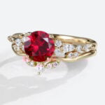Lab Grown Ruby Round Unique Engagement Rings Set Art Deco Ring in Yellow Gold