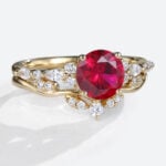 Lab Grown Ruby Round Unique Engagement Rings Set Art Deco Ring in Yellow Gold