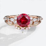 Lab Grown Ruby Round Unique Engagement Rings Set Art Deco Ring in Rose Gold