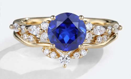 Lab Sapphire Yellow Gold Round Engagement Ring Set with Curved Band