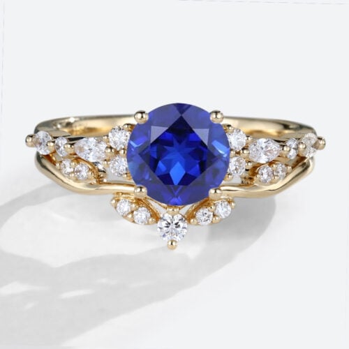 Lab Sapphire Yellow Gold Round Engagement Ring Set with Curved Band