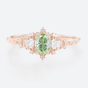 0.5ct Lab Green Diamond Ring Oval Cut Fancy Green Leaf-Inspired 4-Prong Engagement Ring in Rose Gold