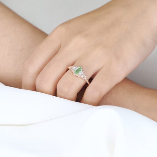 0.5ct Lab Green Diamond Ring Oval Cut Fancy Green Leaf-Inspired 4-Prong Engagement Ring in Rose Gold