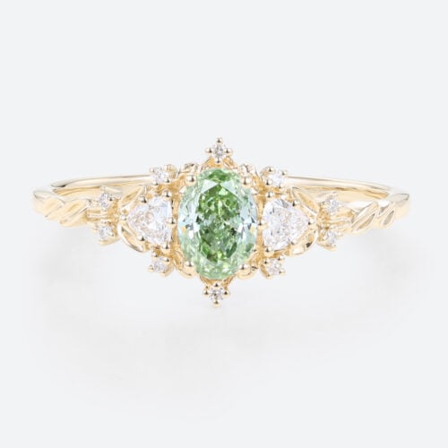 0.5ct Lab Green Diamond Ring Oval Cut Fancy Green Leaf-Inspired 4-Prong Engagement Ring in Yellow Gold