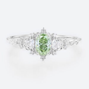 0.5ct Lab Green Diamond Ring Oval Cut Fancy Green Leaf-Inspired 4-Prong Engagement Ring in White Gold