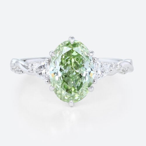 1.5ct Oval Lab Green Diamond Ring Twisted Pavé 6 Claw Prong Engagement Ring in White Gold