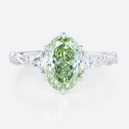 1.5ct Oval Lab Green Diamond Ring Twisted Pavé 6 Claw Prong Engagement Ring in White Gold