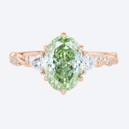 1.5ct Oval Lab Green Diamond Ring Twisted Pavé 6 Claw Prong Engagement Ring in Rose Gold