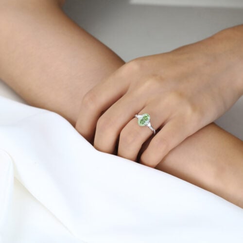 1.5ct Oval Lab Green Diamond Ring Twisted Pavé 6 Claw Prong Engagement Ring in White Gold